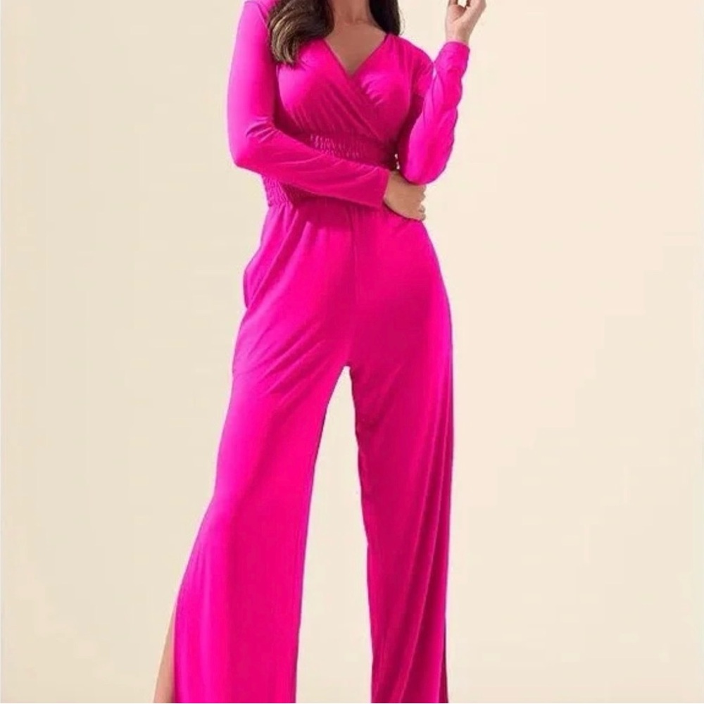 Venus Hot Pink Women's Jumpsuit cinch waist slit wide leg xs - Picture 2 of 9